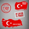 Made in Turkey rubber stamps icon isolated on transparent background. Manufactured or Produced in  Turkey. Map of  Turkey. Set of Royalty Free Stock Photo