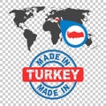 Made in Turkey stamp. World map with red country. Vector emblem Royalty Free Stock Photo