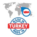 Made in Turkey stamp. World map with red country. Vector emblem Royalty Free Stock Photo