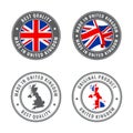 Made in United Kingdom - set of labels, stamps, badges, with the United Kingdom map and flag. Best quality. Original Royalty Free Stock Photo