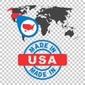 Made in USA, America stamp. World map with red country. Vector e