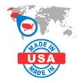 Made in USA, America stamp. World map with red country. Vector e