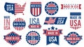 Made in USA badges. American national flag label with text and seal, vintage usa stamp with guarantee. Vector patriotic Royalty Free Stock Photo