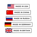 Made in USA, China, Britain, Germany and Russia badge with flag. Made in banner isolated on white background Royalty Free Stock Photo