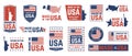 Made in USA label. American flag emblem, patriot proud nation labels icon and united states label stamps vector isolated