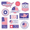 Made in USA label. American flag proud stamp, made for usa labels icon and manufacturing in America stocker isolated Royalty Free Stock Photo