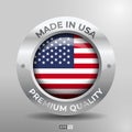 Made in USA Label, Logo, Stamp Round Flag of Nation with 3D Silver Glossy Effect Royalty Free Stock Photo