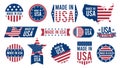 Made in USA labels. Retro patriotic stickers with national american flag stripes, national american state map emblem