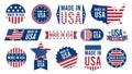 Made in USA labels. Retro patriotic stickers with national american flag stripes, national american state map emblem, domestic