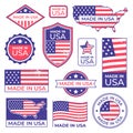 Made in usa logo. American proud patriot tag, manufacturing for usa label stamp and united states of america patriotic