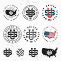 Made in USA monogram vector set. Vintage America logo design. Retro United States seal. US label illustration on grunge