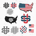 Made in USA monogram vector set. Vintage America logo design. Retro United States seal.