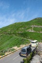 Madeira holiday summer trip vacation tourism mountains sunny day green trees landscape tourist busses Royalty Free Stock Photo