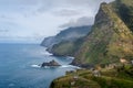 Madeira island north coast. Small village under rocky mountains and Atlantic ocean view Royalty Free Stock Photo