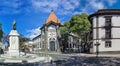 Panoramic view at the front facade at the Portugal Bank, Regional Government building and JoÃÂ£o Zarco statue, Funchal, Madeira,