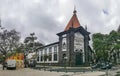 Panoramic view at the front facade at the Portugal Bank, Regional Government building and JoÃ£o Zarco statue, Funchal, Madeira,