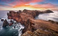 Madeira, Portugal. Beautiful scenic mountain view of green landscape ,cliffs and Atlantic Ocean. Hiking active day fresh summer Royalty Free Stock Photo