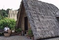 Madeira, Portugal: an isolated woman is doing housework in the garden of her traditional house with a thatched roof Royalty Free Stock Photo