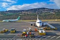 Madeira, Portugal, November 25, 2022: Aircraft service at the airport. Airplane gate.