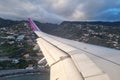 Madeira, Portugal, November 22, 2022: view from the window of a flying plane on the island of Madeira. Airplane landing Royalty Free Stock Photo