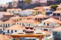 Madeira wine, coffee and bolo de mel with view to Funchal, Madeira, Portugal