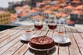 Madeira wine, coffee and hohey cake, View to Funchal, Portugal Royalty Free Stock Photo