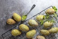 Madeleine homemade cookies with matcha tea. Selective focus, copy space