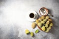 Madeleine homemade cookies with matcha tea. Selective focus, copy space