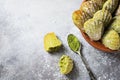 Madeleine homemade cookies with matcha tea. Selective focus, copy space