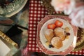 Madeleines , French sweet dessert with fruits and tea