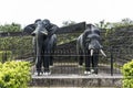 Two life size masonry black stone elephants sculpture inside Madikeri Fort in Coorg Karnataka India