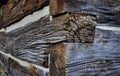 Close up detail of the weathered wooden log cabin church