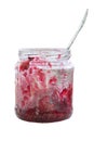 Madine jam in a jar with a spoon, jar half empty, tea with raspberry jam, flu prevention Royalty Free Stock Photo