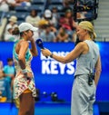 Madison Keys during on court interview after round of 16 match against Jessica Pegula at the 2023 US Open