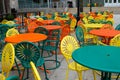 Empty colorful chairs and tables