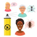 Madly frightened eldery and young woman faces and mosquito and fly. Black girl afraid of a cockroach. Aerosol spray Royalty Free Stock Photo