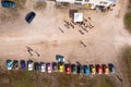 row of colorful stylish vintage Fiat 126 PanCars rental cars, aerial drone view Royalty Free Stock Photo