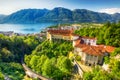 Madonna del Sasso Church in Locarno city, lake Maggiore (Lago Maggiore) and Swiss Alps in Ticino, Switzerland. Royalty Free Stock Photo