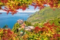 Madonna di Montecastello hermitage above Lago di Garda autumn foilage view Royalty Free Stock Photo