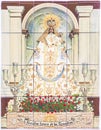 Madonna of los Remedios over glazed tiles wall. Patron saint of Hornachos, Extremadura, Spain