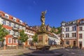 The Madonna statue in Kornmarkt square and castle in Heidelberg, Royalty Free Stock Photo