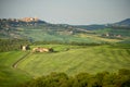 Pienza: Chapel of the Madonna di Vitaleta with the city of Pienza in the background. Siena, Tuscany, Italy Royalty Free Stock Photo