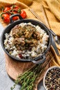 Madras beef with basmati rice, Indian food. White background. Top view