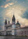 Madrid Almudena cathedral Cloudy day with birds