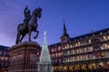 Madrid, bronze statue of King Philip III and illuminated christmas tree in Plaza Mayor Royalty Free Stock Photo