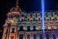 Madrid at Christmas. Night view of the Metropolis building of Ma Royalty Free Stock Photo