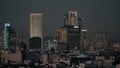 Madrid city scene with skyscrapers and highrise buildings at night, Spain