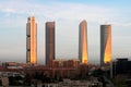 Madrid Four Towers financial district skyline during sunrise in