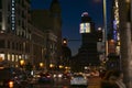 Madrid gran via downtown street night scene with carrioin building Royalty Free Stock Photo
