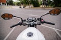 MADRID-JULY 7, 2014: White Suzuki Bandit motorbike. Pilot view